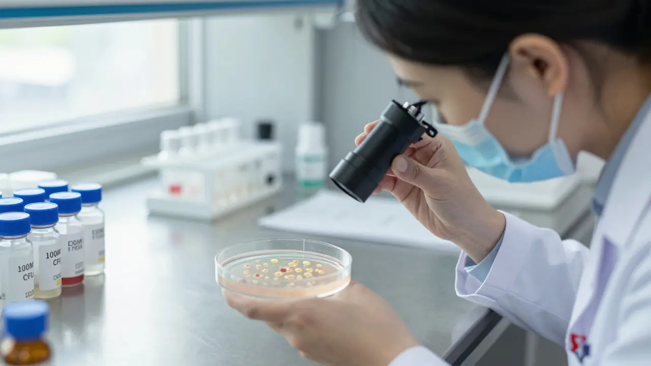 Vědec zkoumá kolonie Lactobacillus reuteri DSM 17938 v laboratoři, vedle něj jsou etiketované lahvičky s dávkami