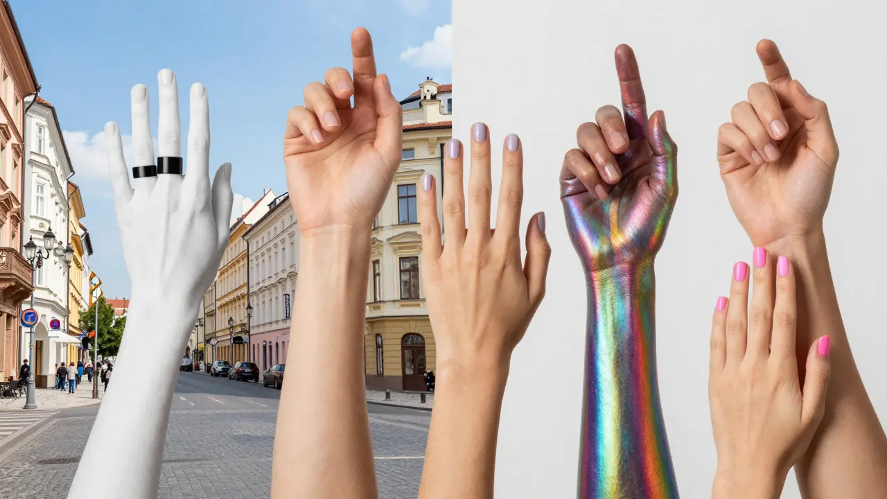 Více rukou s různými styly kroužku na nehtech – černý, duhový a jednoduchý na malíčku.