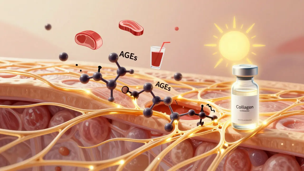 Vnitřní struktura kůže s kolagenovými vlákny, poškozenými škodlivými molekulami, zatímco mořský kolagen opravuje poškození.