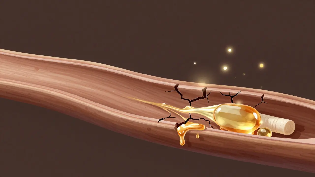 Vnitřní struktura poškozeného vlasu během obnovy — prázdné mezery jsou naplněny hyaluronovou kyselinou a keratinem.