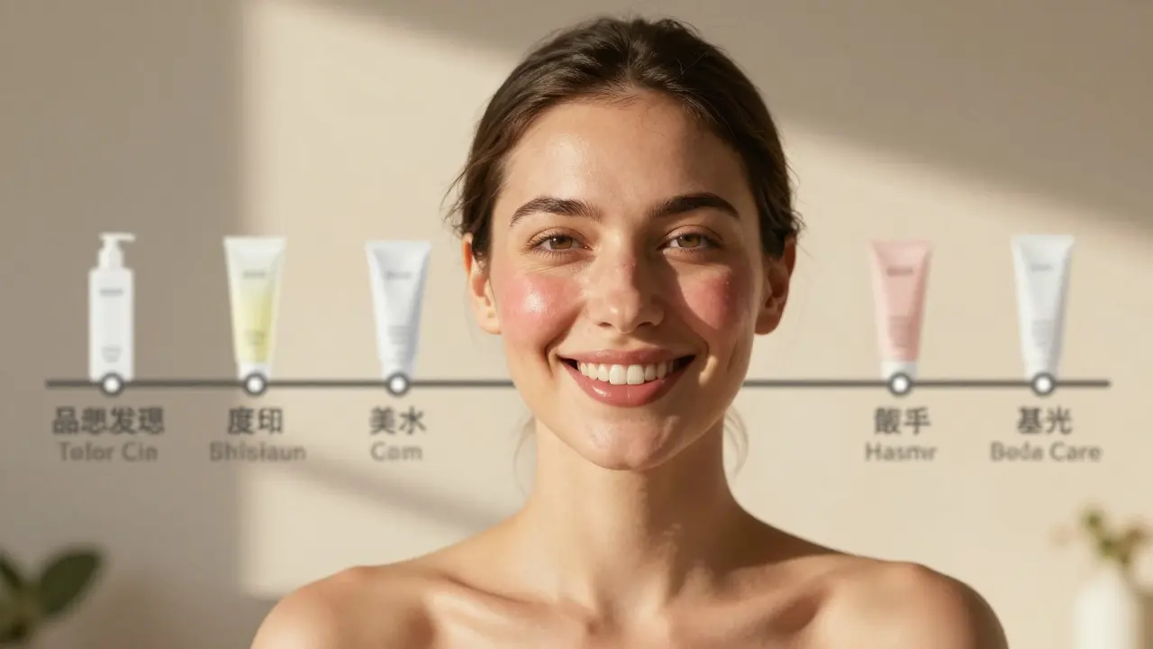 Žena se směje s částečně zklidněnou pokožkou, symbolizující pokrok po týdnu péče.