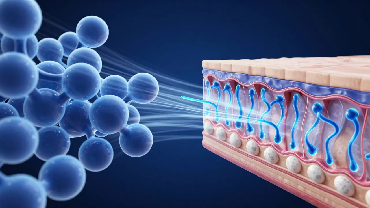 3D ilustrace srovnávající velké molekuly hovězího kolagenu s malými peptidy rybího kolagenu.