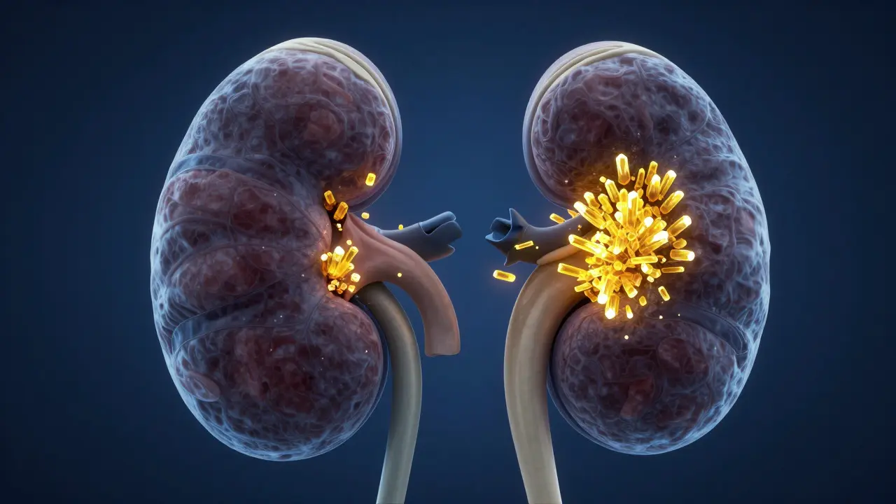 3D vizualizace krystalů oxalátu v lidké ledvině.