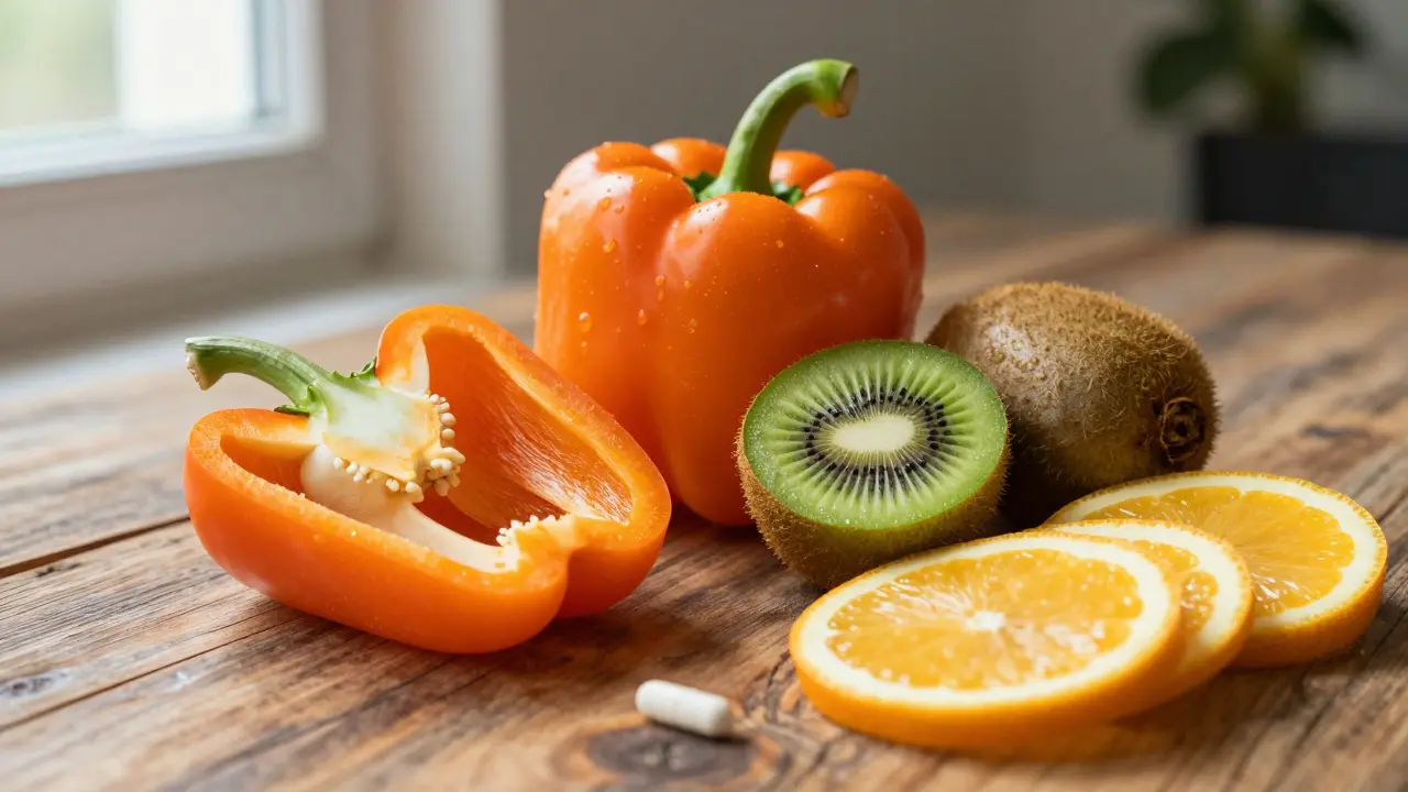 Čerstvé papriky, kiwi a citrusy jako přirozený zdroj vitamínu C.