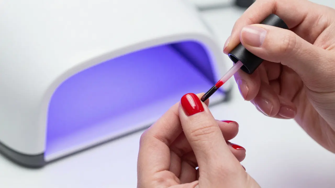 Detail nanášení červeného hybridního laku na nehty v moderním salonu.