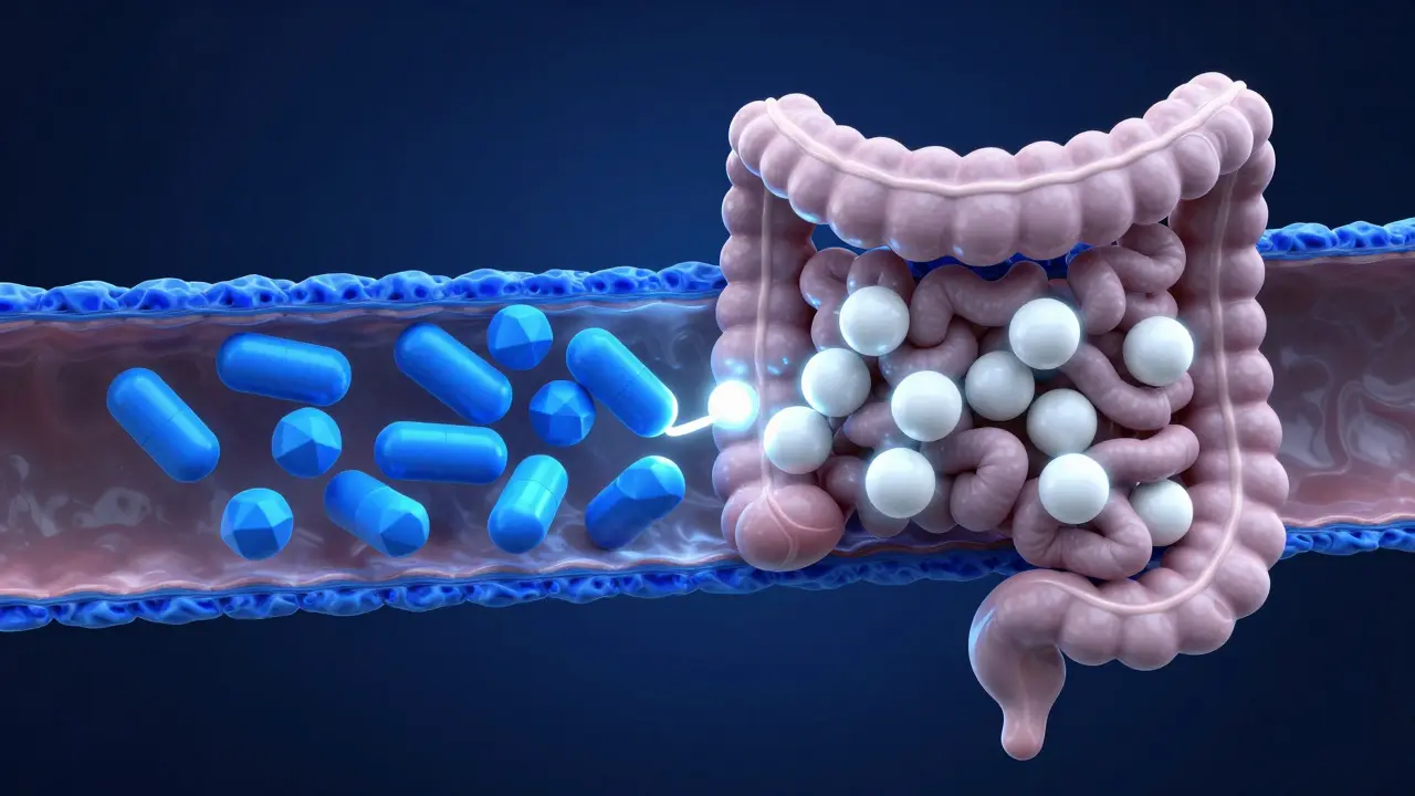 Koncepční schéma vázání molekul antibiotik na vápník v proudě střev.