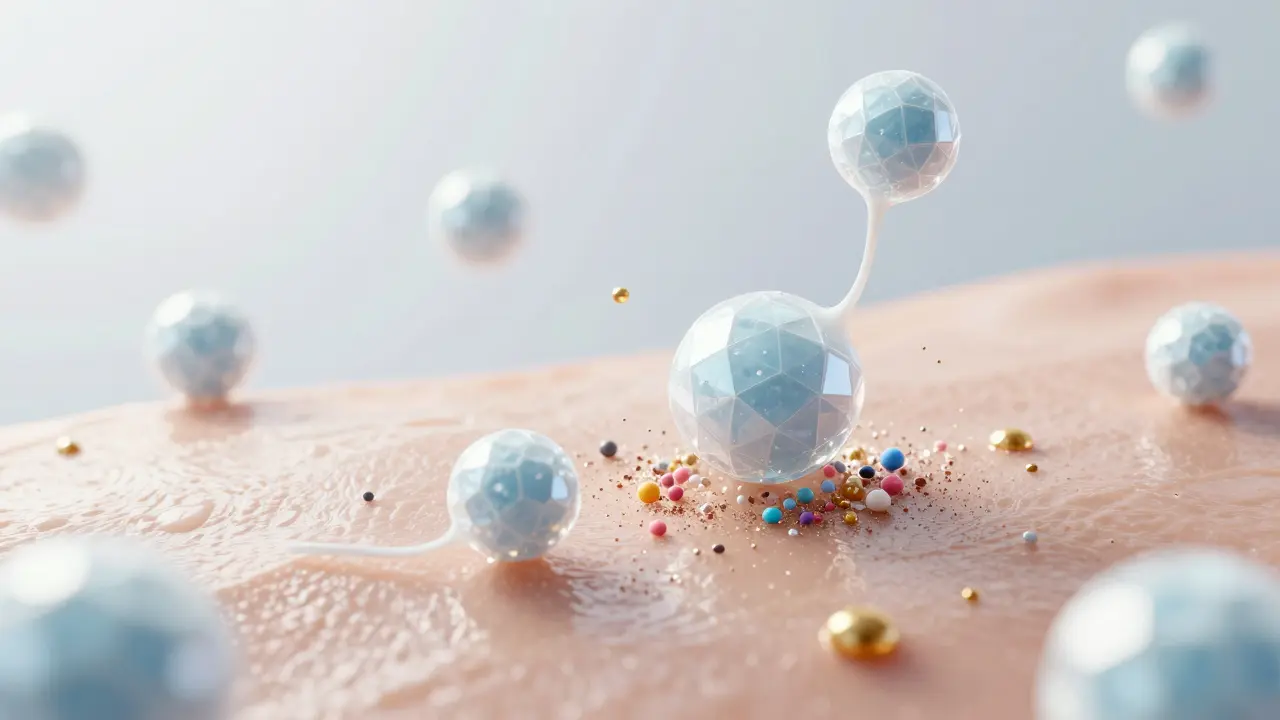Koncepční zobrazení micel zachycujících nečistoty a make-up z povrchu pleti.