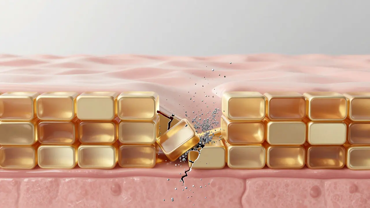 Konceptuální 3D schéma kožní bariéry s vyznačenými trhlinami a pronikajícími nečistotami.