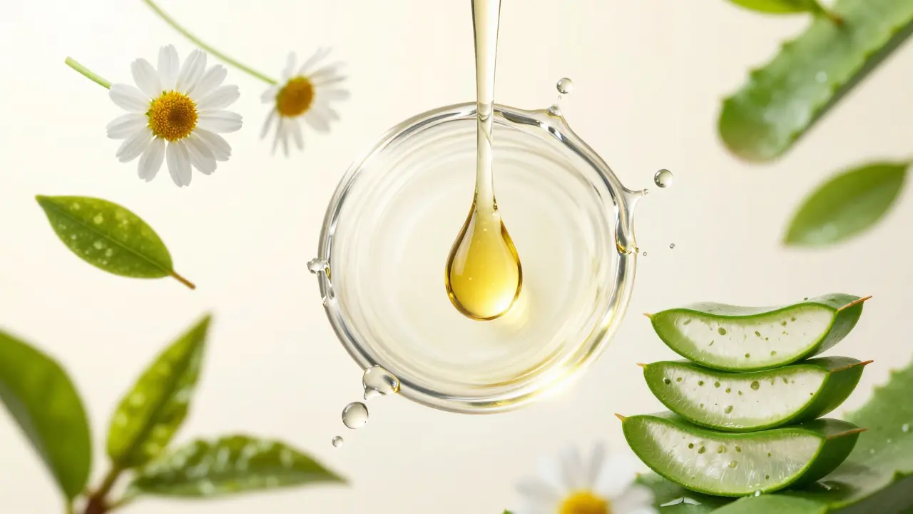 Konceptuální detail kapek olejů a bylinních extraktů jako složek organické kosmetiky.