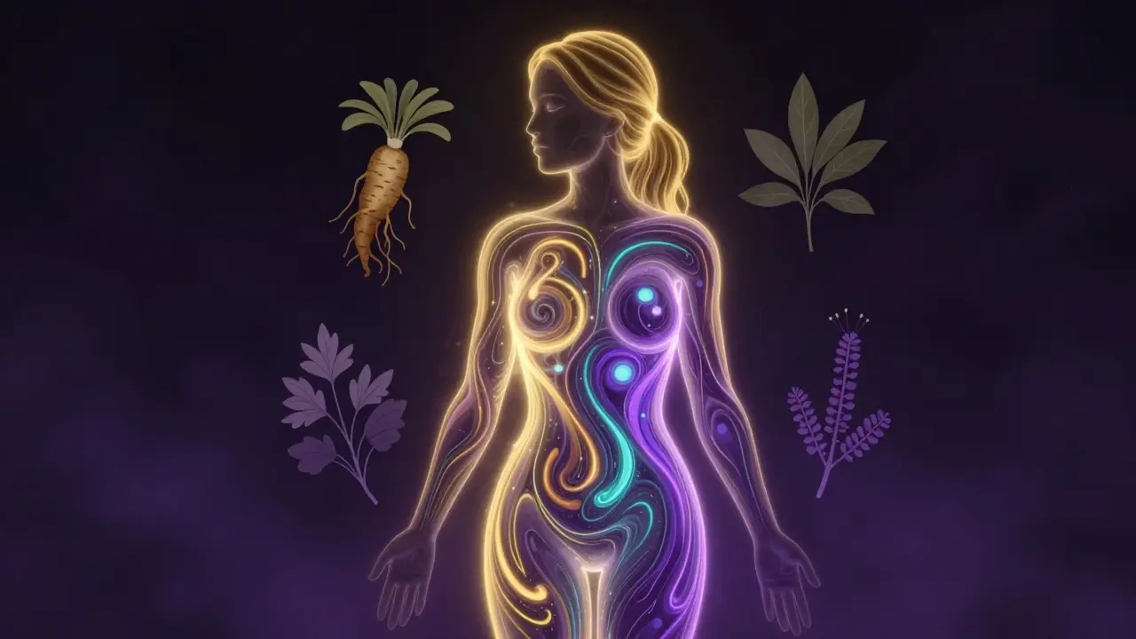 Konceptuální ilustrace ženy s přebytkem energie a hormonální rovnováhy.