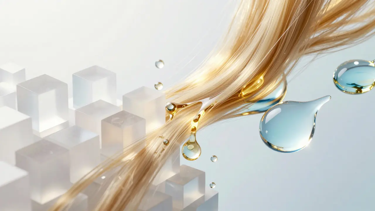 Konceptuální obraz proteinových stavebních bloků a hydratace obnovujících vlas.