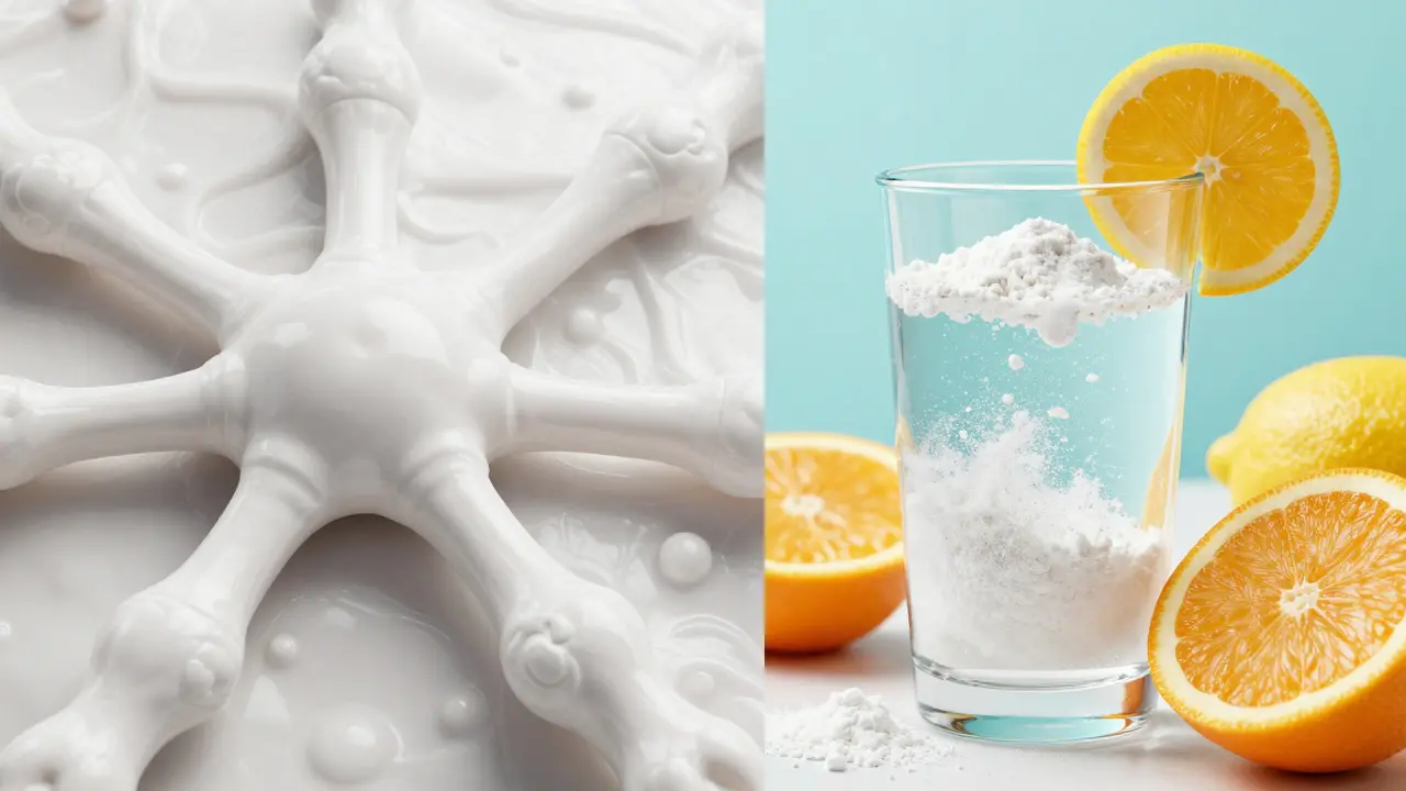 Konceptuální srovnání struktury kolagenu v kůži a sklenice s kolagenovým práškem a citrusy.