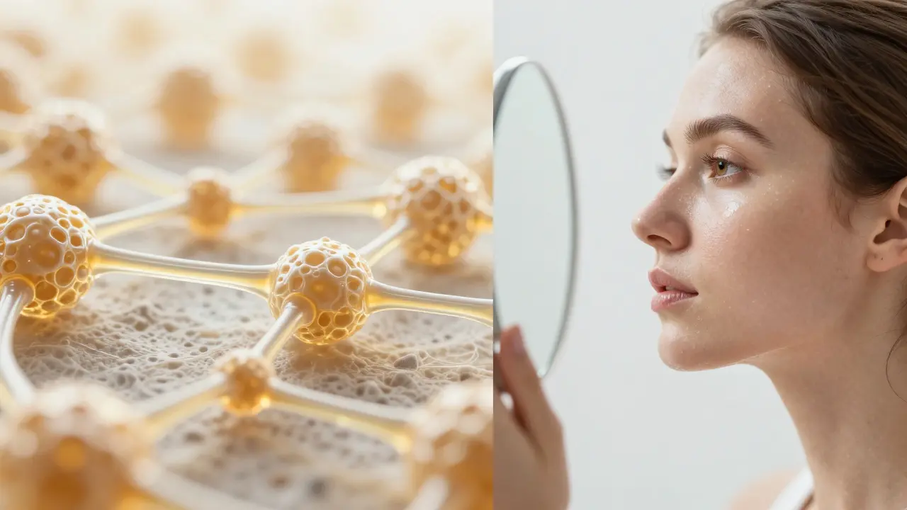 Konceptuální zobrazení kolagenových vláken a ženy s zářivou, zdravou pletí.