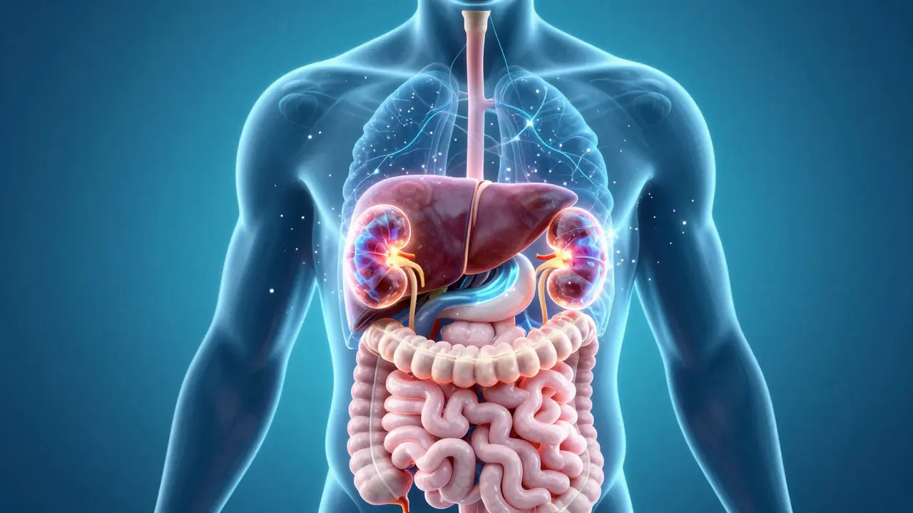 Konceptuální zobrazení vnitřních orgánů jako center energie a detoxikace.