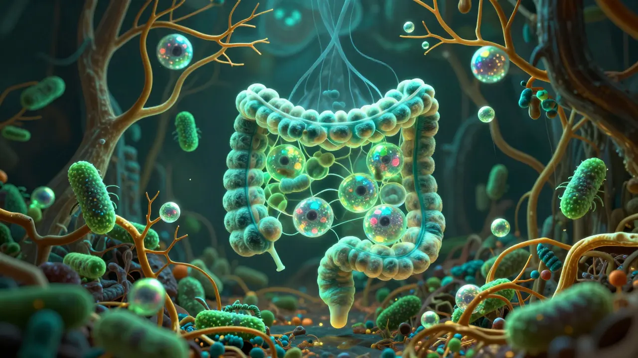 Konceptuální zobrazení zdravého střevního mikrobiomu jako svítící zahrady.