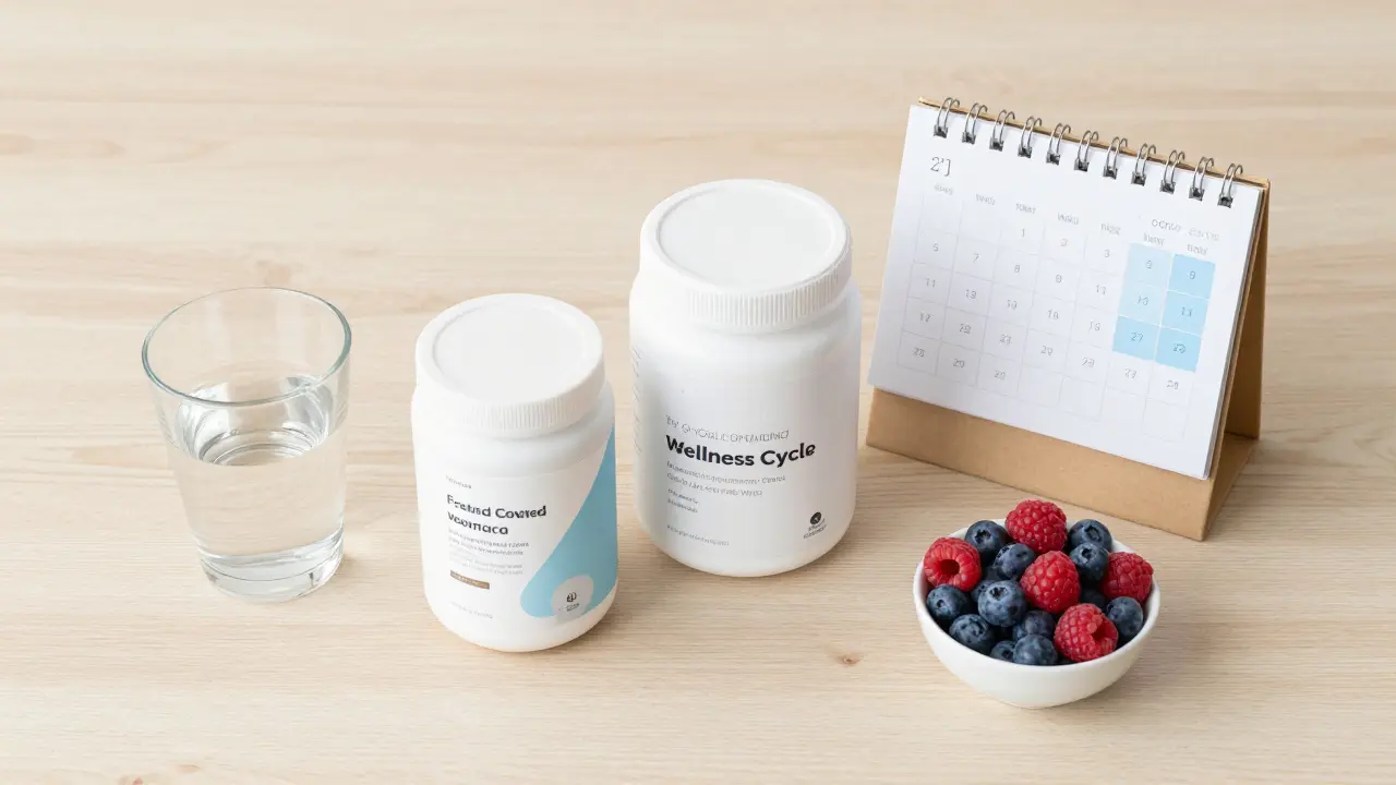 Krásné rozložení doplňku kolagenu, kalendáře s cyklem užívání a čerstvého ovoce.