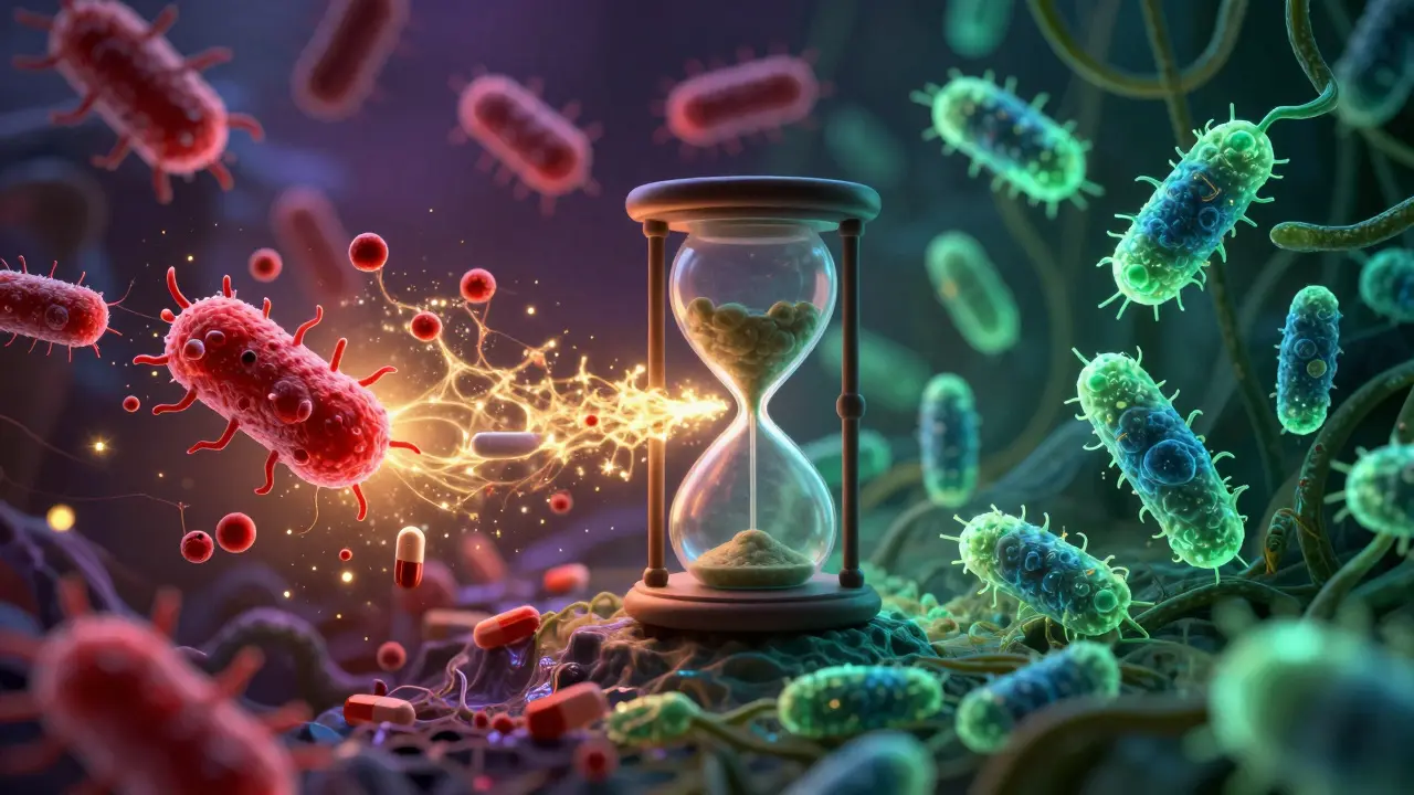 Kresba rovnováhy střevní mikroflóry s laktobacily a antibiotiky.