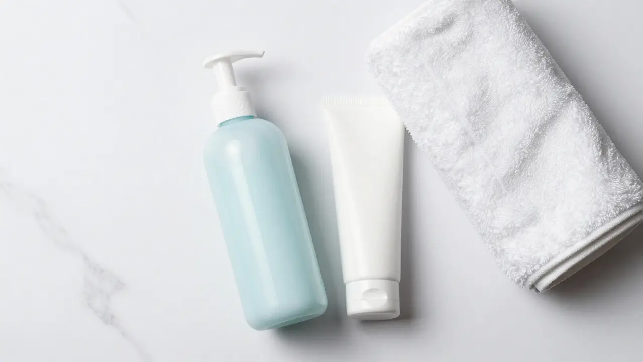 Minimalistická sestava jemné dermokosmetiky a měkkého ručníku na bílém mramoru.