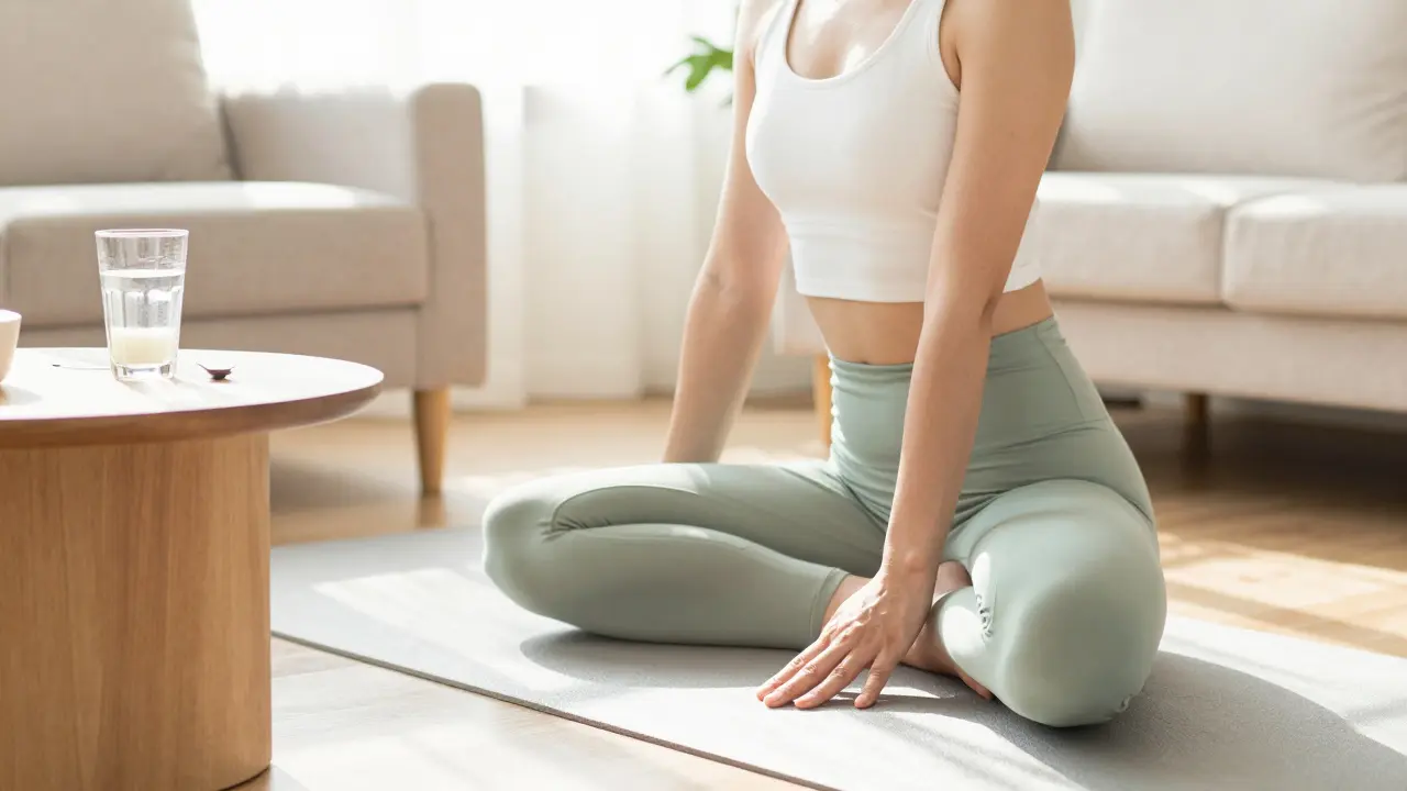 Osoba cvičící jemnou jógu v brightni pokoji s kolagenovým nápojem na stole.