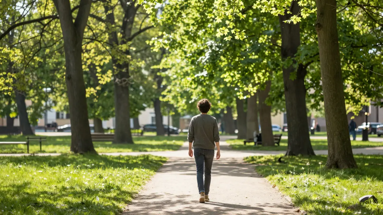 Osoba na relaxační procházce v zeleném parku za slunného dopoledne.