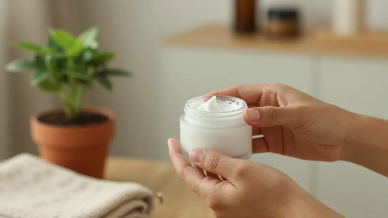 Ruce drží skleněný krém v ekologickém a minimalistickém prostředí.