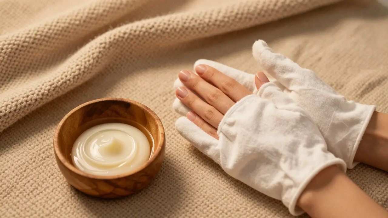 Ruce v bavlněných rukavicích s regeneračním krémem a olejem pro domácí péči.