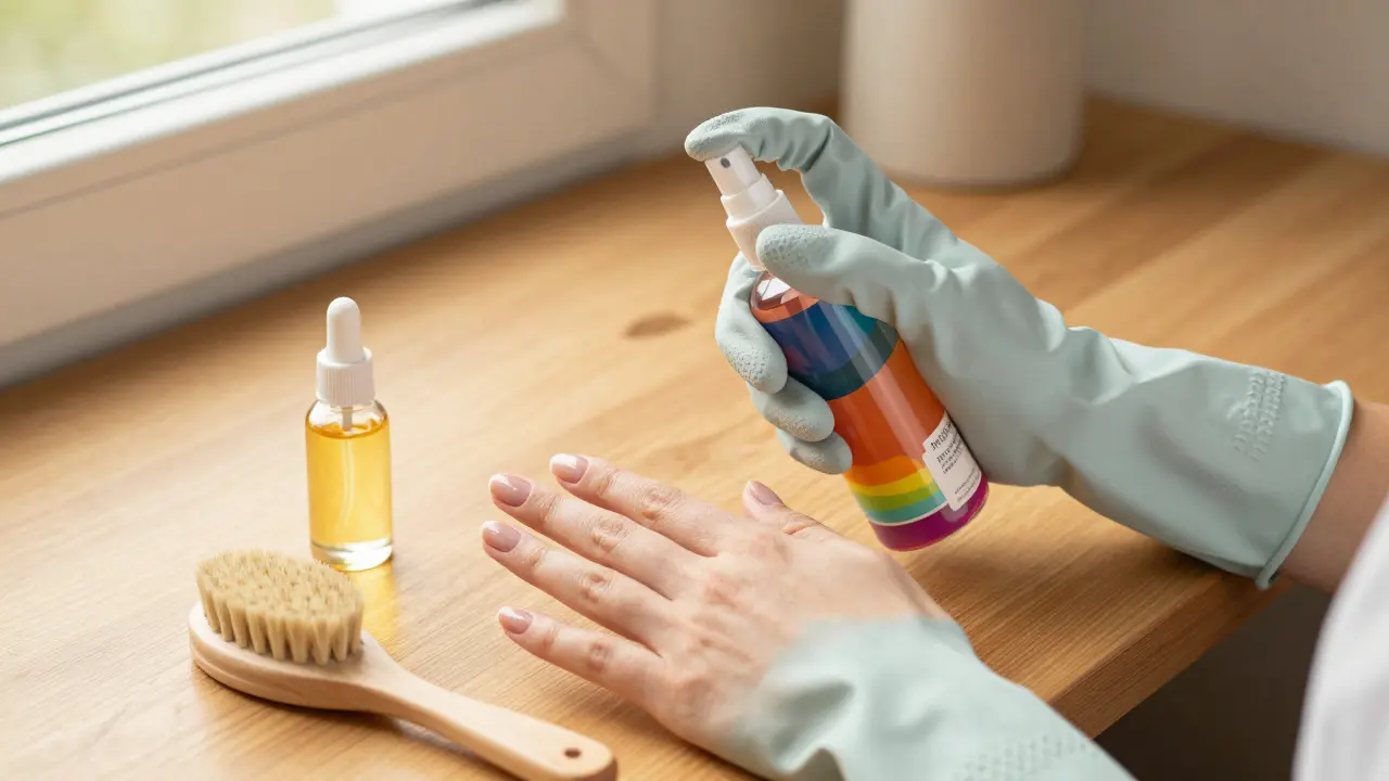 Ruka v gumové rukavici chránící manikúru před chemií.