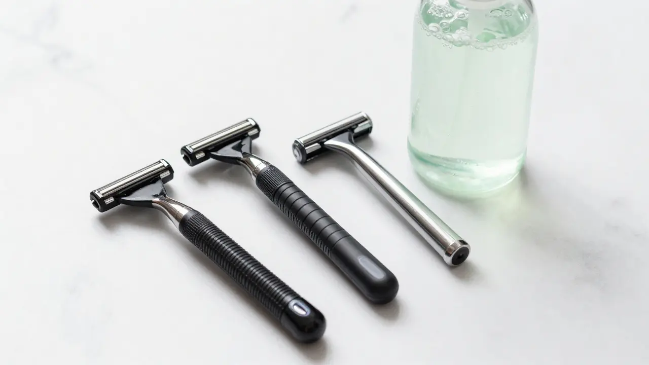 Sada holicích nástrojů včetně safety razoru a holicího gelu na mramoru.