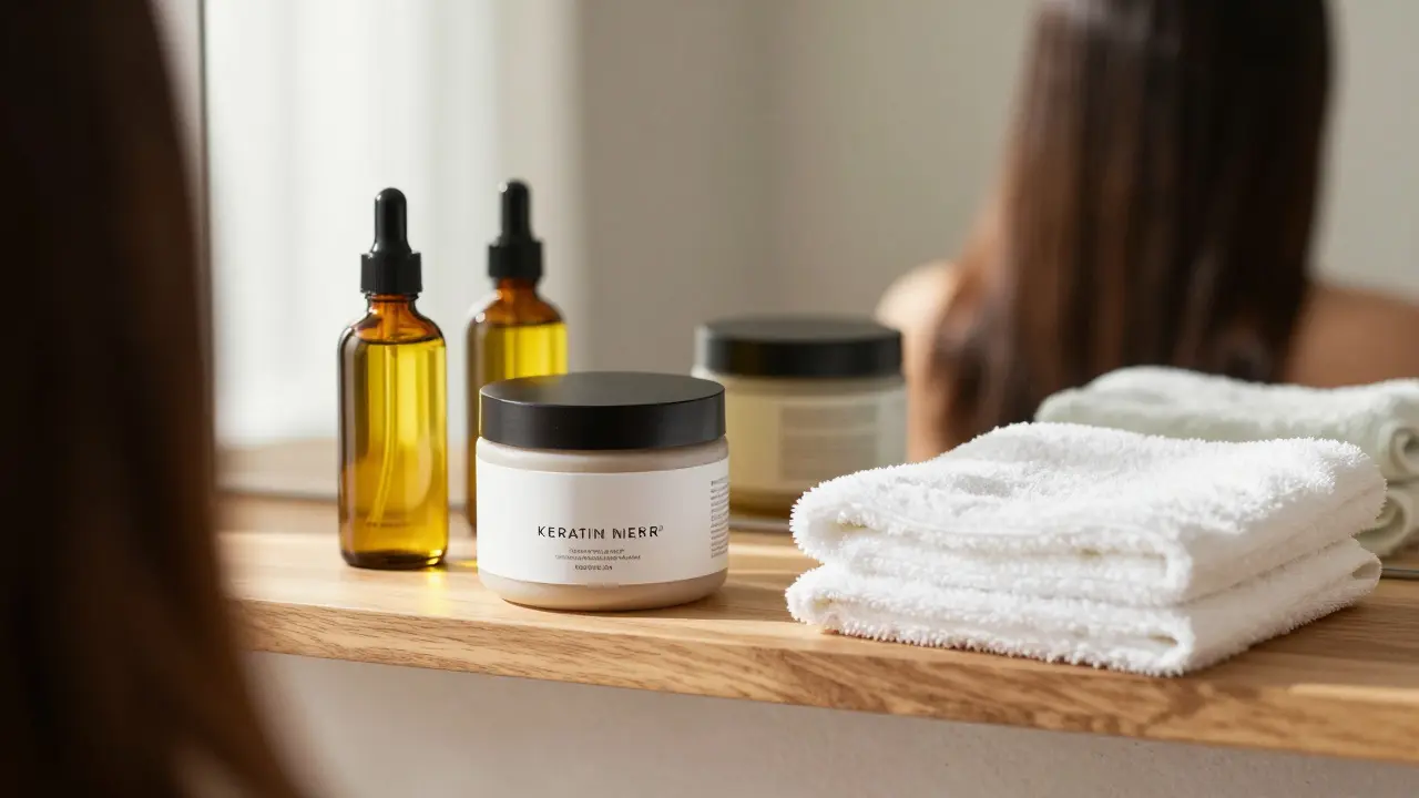Sada produktů pro regeneraci vlasů: keratinová maska, olej a mikrovláknový ručník.