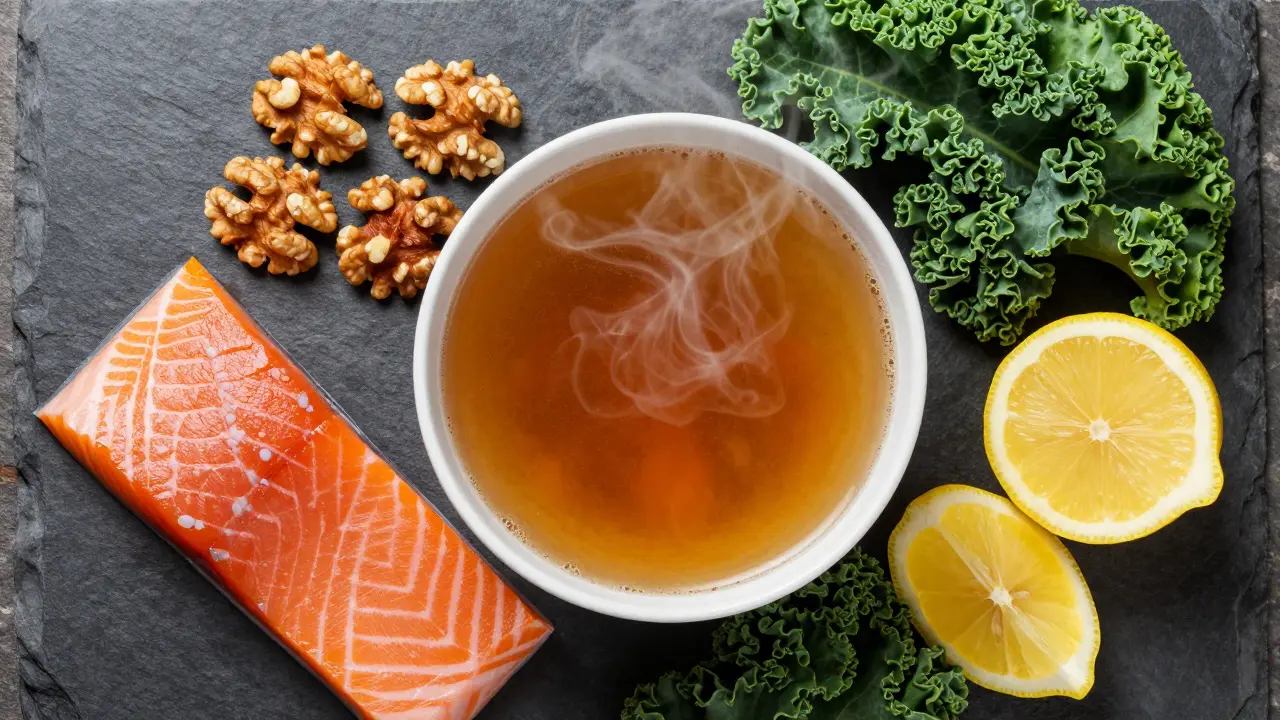 Sestava zdravých potravin pro klouby včetně kostního vývaru, lososu a ořechů.