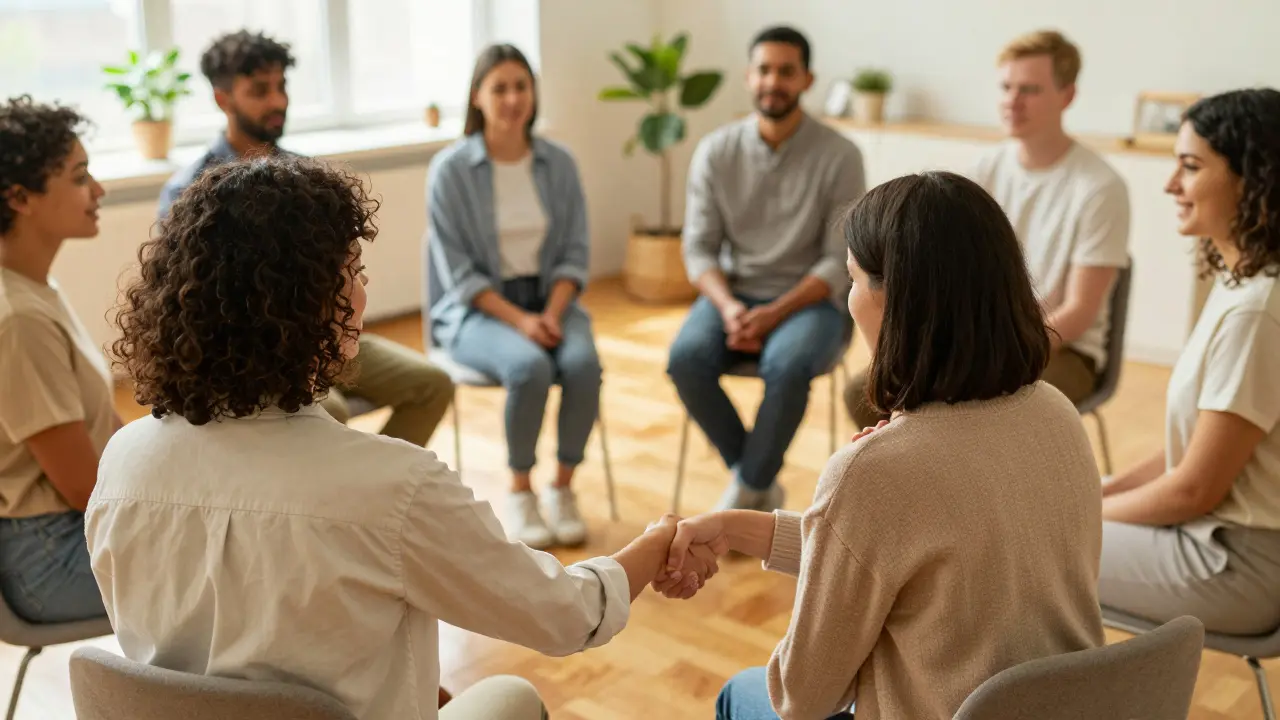 Skupina lidí v kruhu při terapeutické skupinové konzultaci.