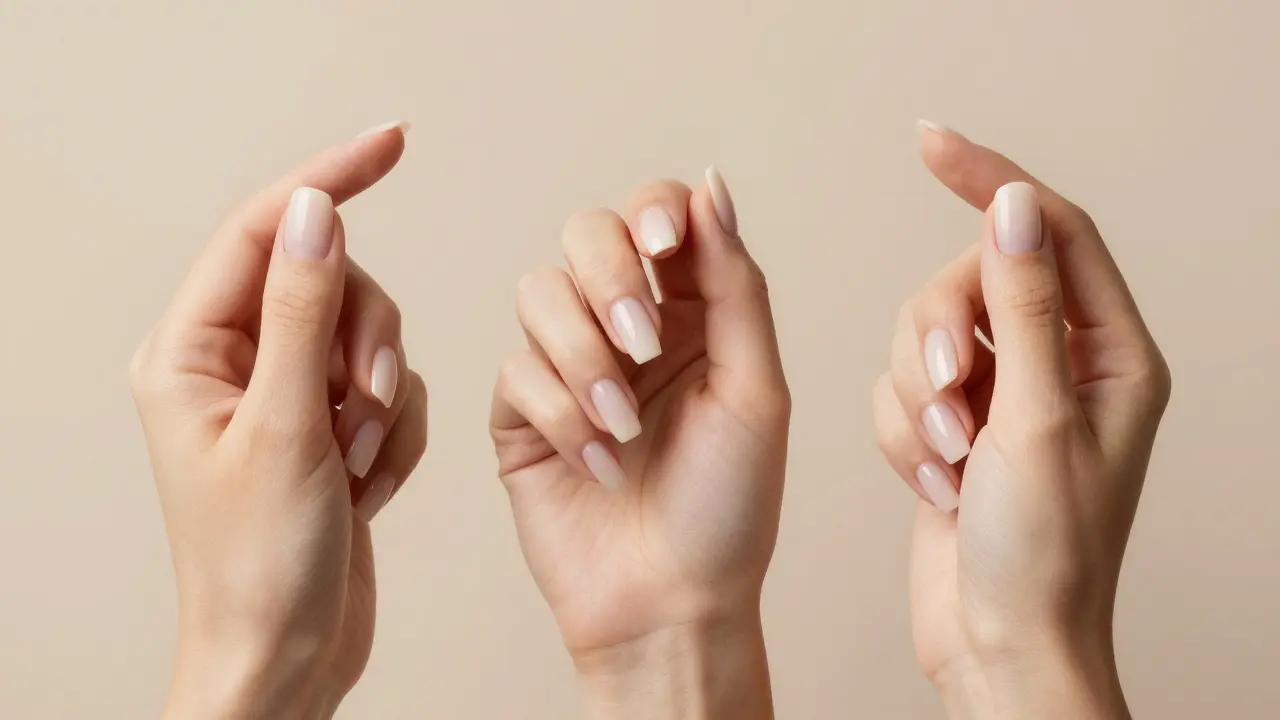 Srovnání vzhledu gelových, akrylových a polygelových nehtů.