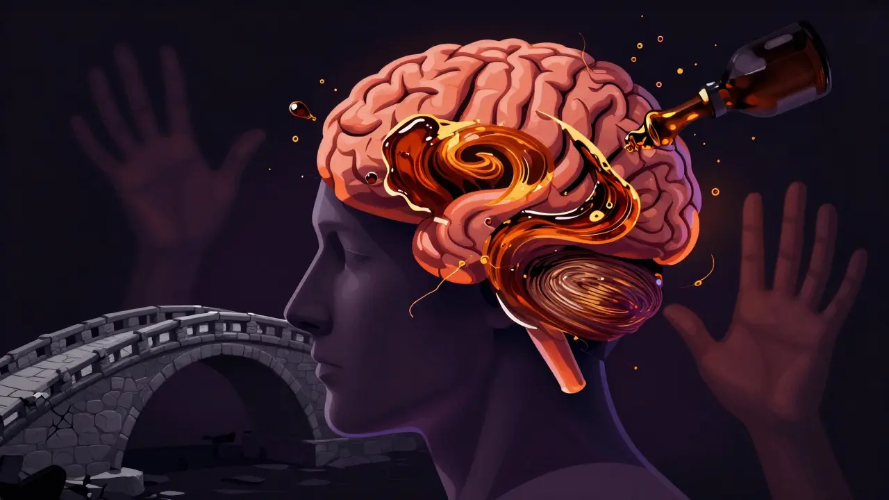 Surrealistická ilustrace mozku znázorňující vliv alkoholu a ztrátu kontroly.