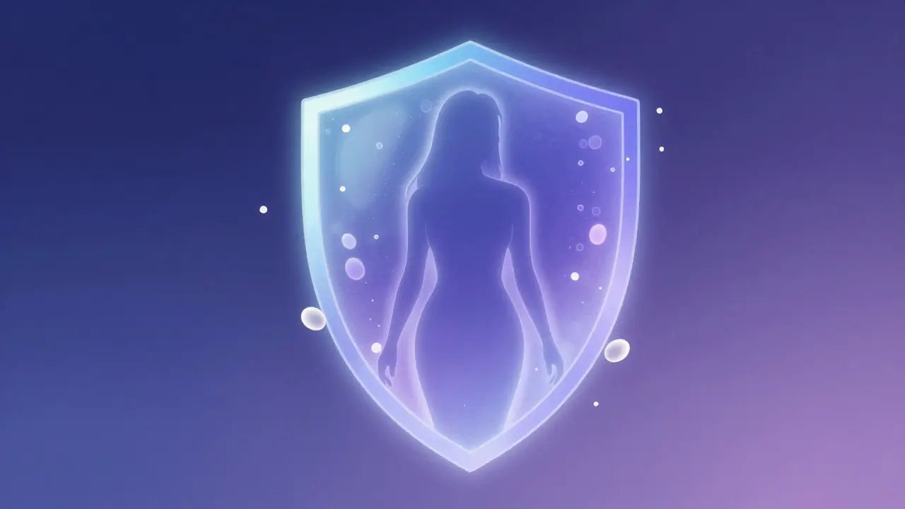 Umělecká ilustrace ochranného štítu symbolizující zdravé pH pochvy.