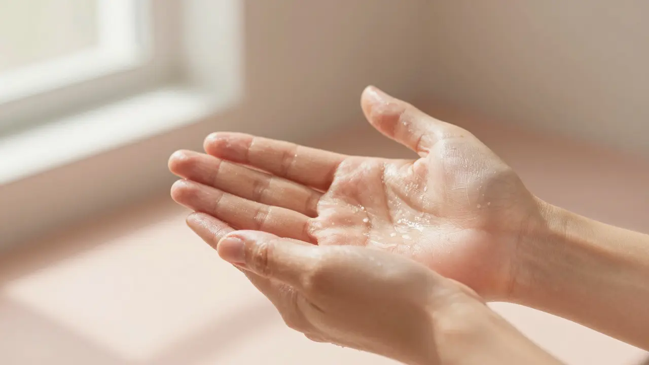 Záběr rukou přitisknutých k tváři při aplikaci péče o pleť.