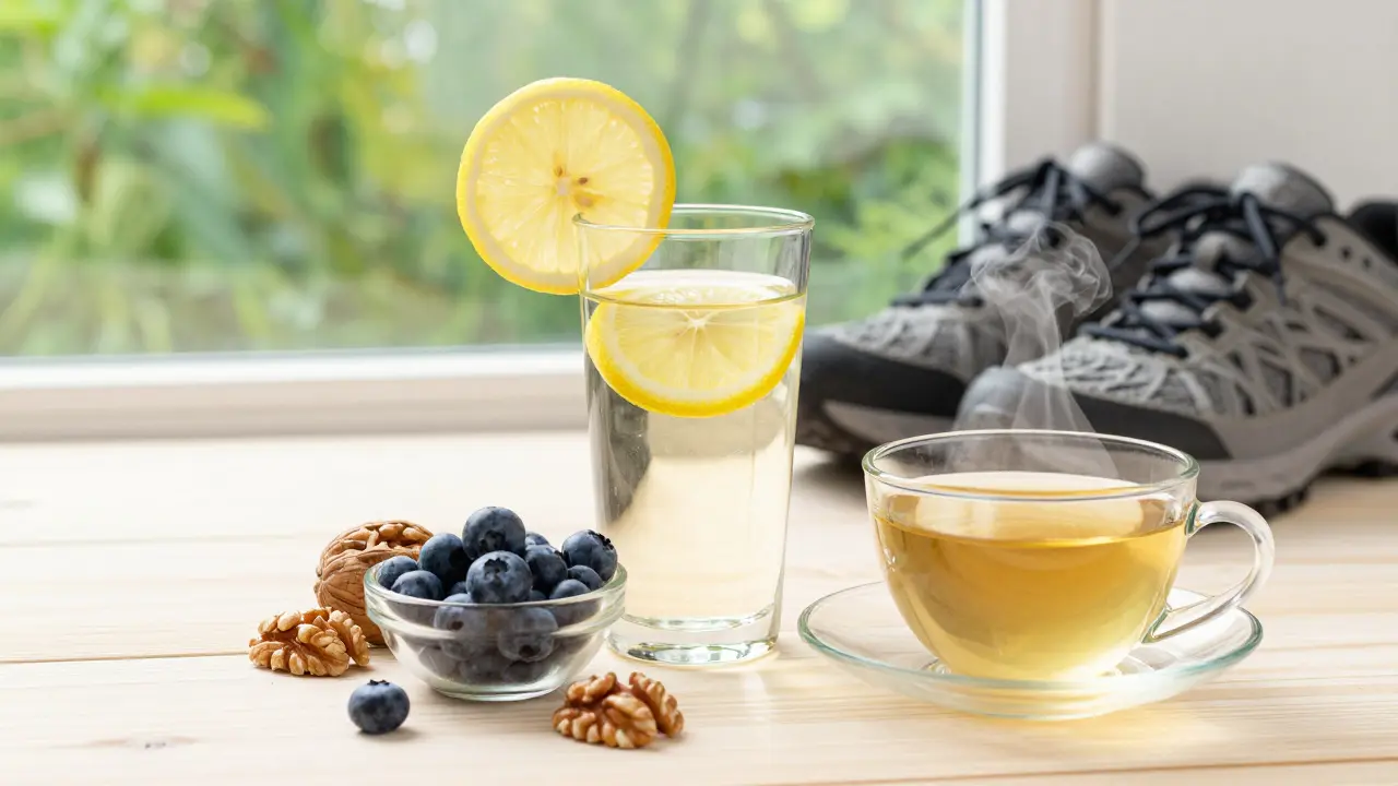 Zdravá snídaně s citronovou vodou, borůvkami a bylinkovým čajem.