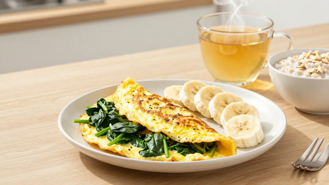 Zdravá snídaně s omeletou se špenátkem, banány a ovesnou kaší.
