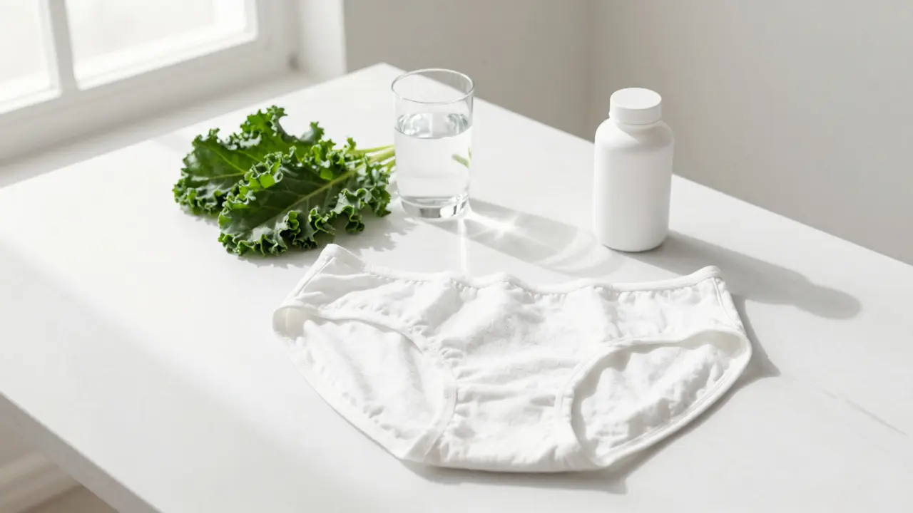 Zdravé návyky: bavlné prádlo, probiotika a zelenina na bílém stole.