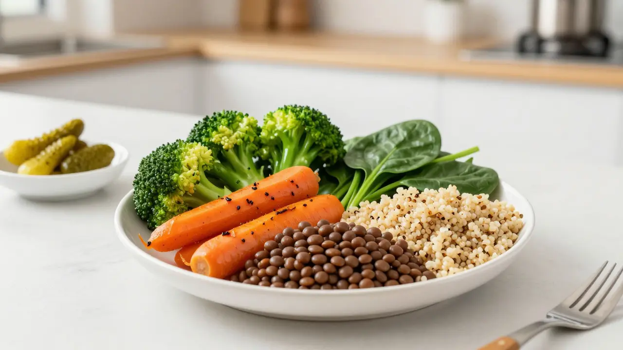 Zdravý talíř s kombinací zeleniny, luštěnin a kysaného zeleniny.