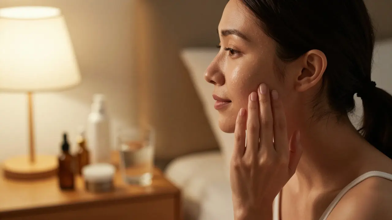 Žena aplikující pleťové sérum na tvář během večerní péče o pleť.