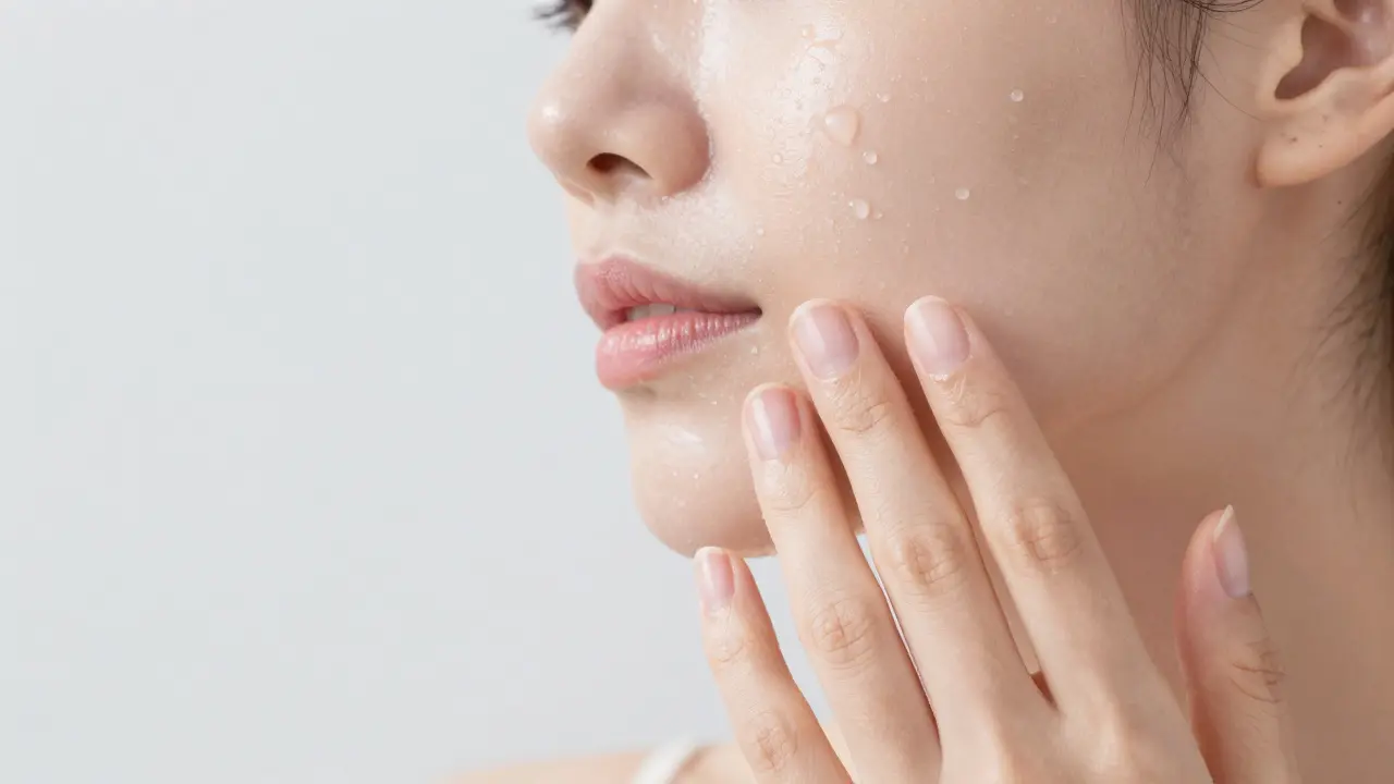 Žena jemně vklepává hydratační tonikum do čisté a zářící pleti prsty.