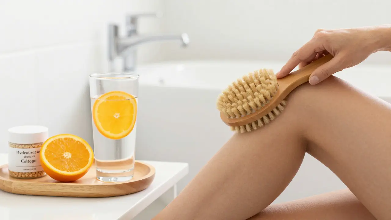 Žena provádějící suché kartáčování kůže vedle doplňku stravy s kolagenem a vitamínem C.