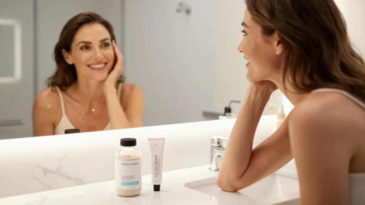 Žena s vyzařující pletí v koupelně s doplňkem kolagenu a krémem s retinolem.