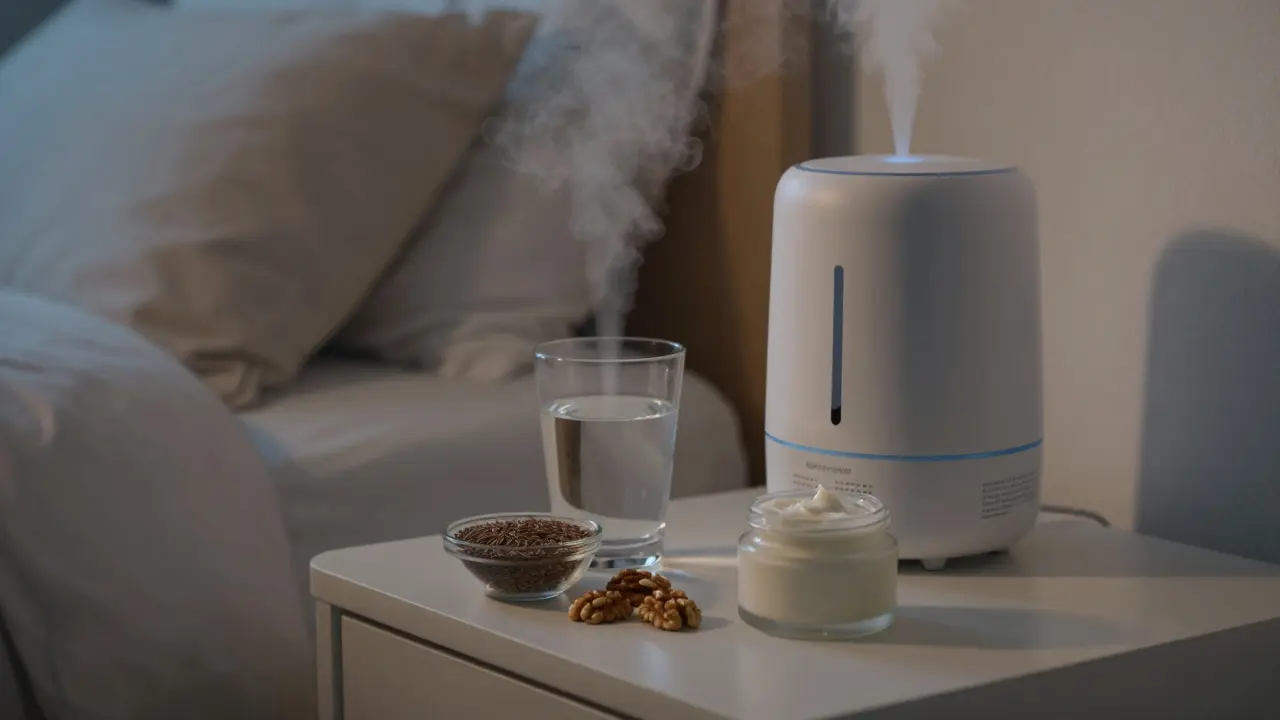 Zvlhčovač vzduchu, voda a hydratační krém na nočním stolku