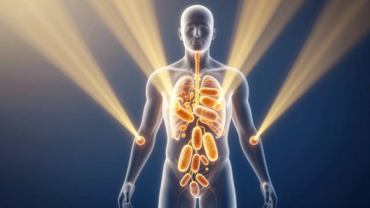 Abstraktní ilustrace mitochondrií a vitamínu D v lidském těle