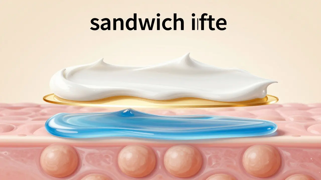 Illustration of the sandwich method: moisturizer, retinol, moisturizer layers