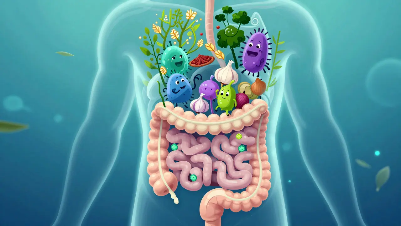 Ilustrace střevního mikrobiomu, kde bakterie rostou díky prebiotikům jako cibulice a oves.