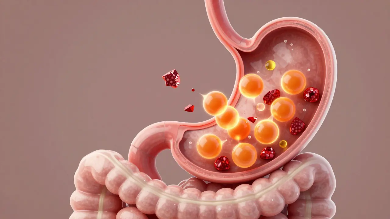 Ilustrace vstřebávání vitaminu C a železa v trávicím traktu.