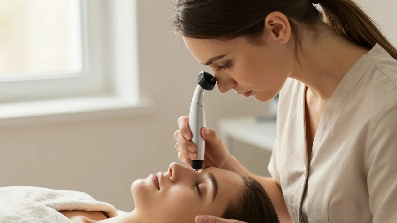 Kosmetička zkoumá pleť klienta pomocí dermatoskopu při diagnostice.