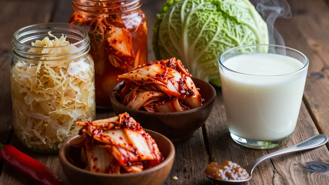 Různé fermentované potraviny jako zelí, kimchi a kefír uspořádané na dřevěném stole.